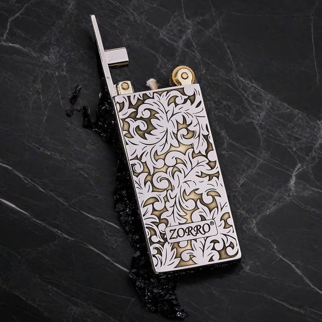 ZORRO佐罗二代超薄升降纯铜煤油打火机双面唐草创意个性窄机男士