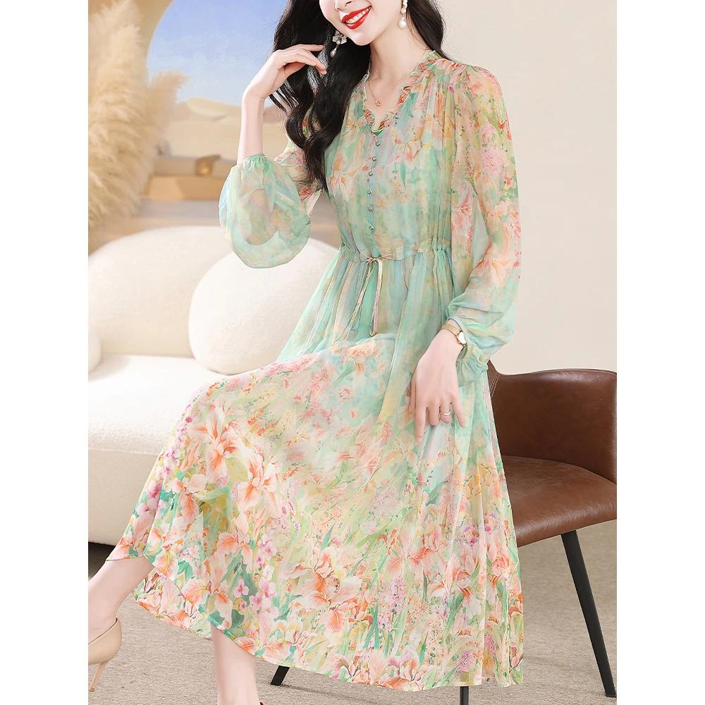 高级雪纺连衣裙春季2024款大牌轻奢茶歇法式碎花裙杭州度假裙1147