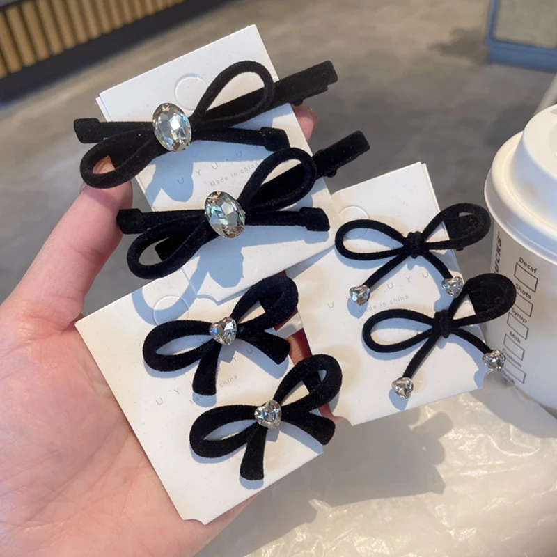 秋冬新款黑色植绒鸭嘴夹侧边夹灰水晶刘海夹小发夹发卡发饰