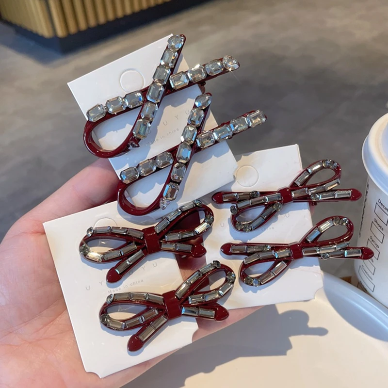 超闪满钻结鸭嘴夹一字夹发夹复古红轻奢侧边夹刘海夹发卡发饰