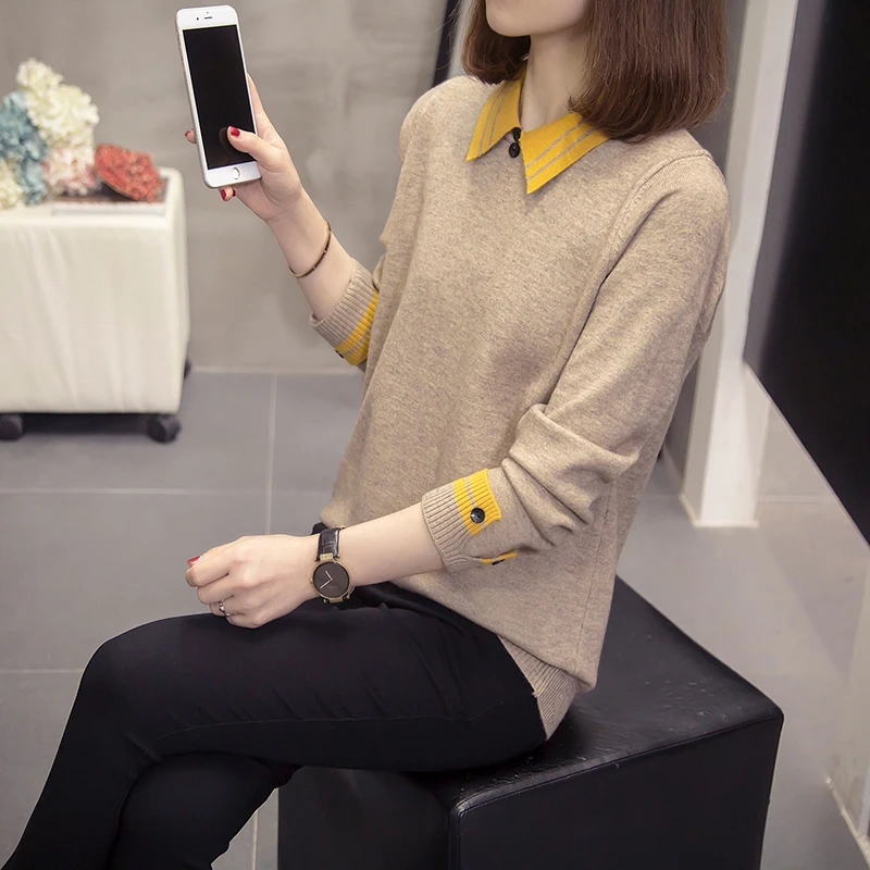拼色娃娃领减龄长袖针织打底衫上衣大码女装微胖mm宽松内搭毛衣