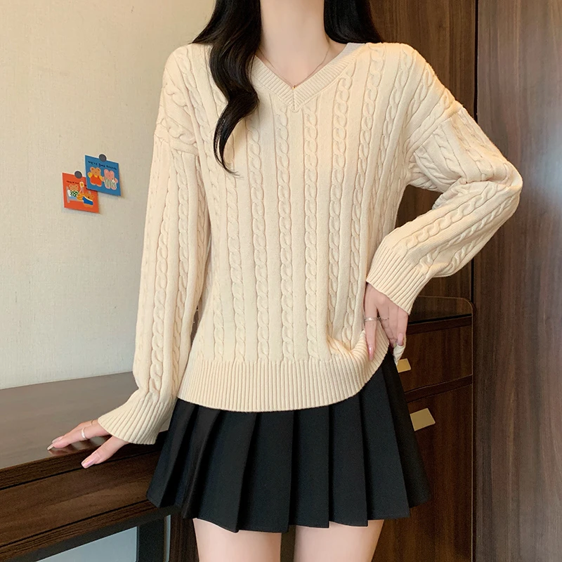 2024秋冬V领落肩加厚毛衣大码女装微胖妹妹宽松慵懒风针织打底衫