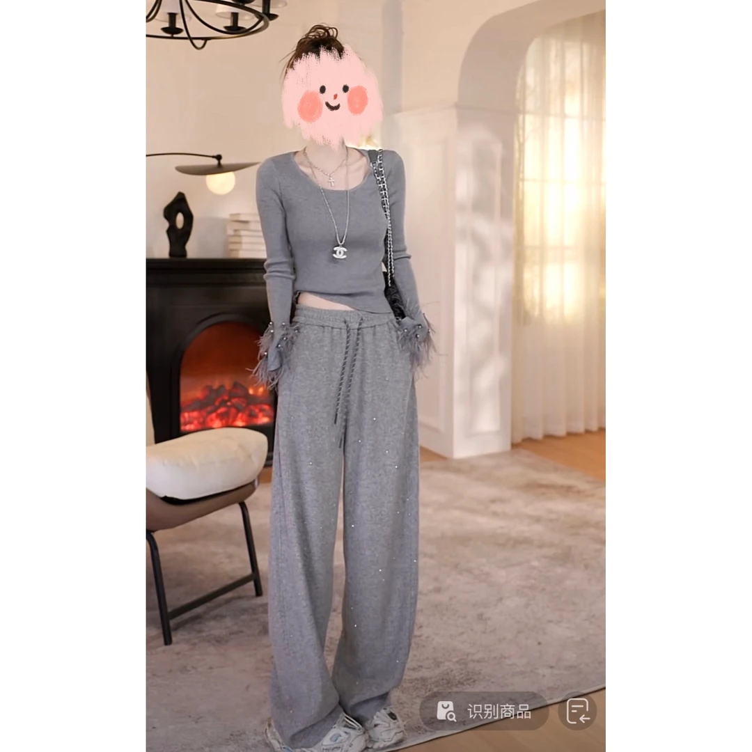 加厚加绒烫钻阔腿裤春秋季新款洋气高腰显瘦休闲裤