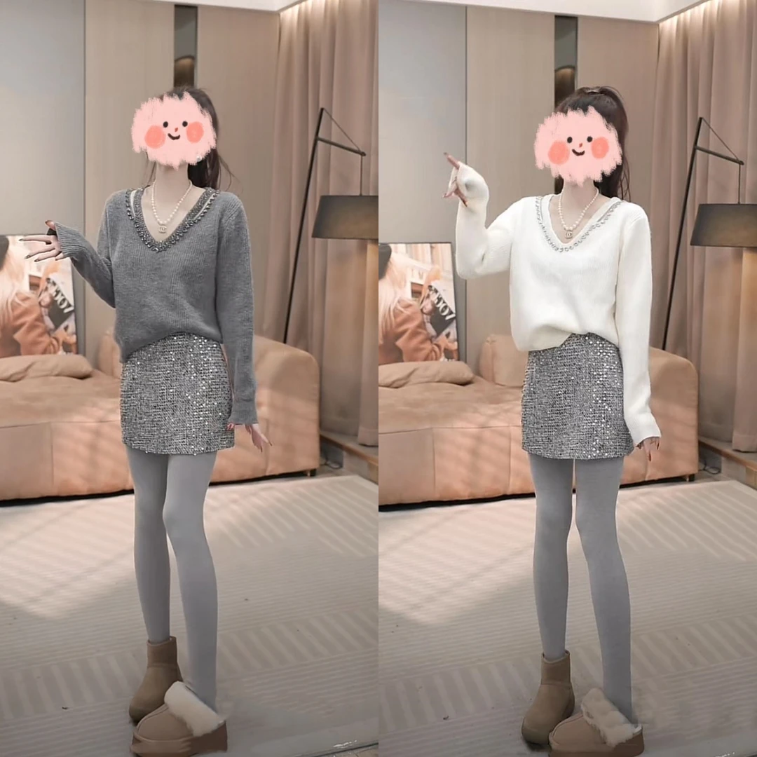 秋季新款设计感钉珠显瘦洋气上衣V领内搭打底衫