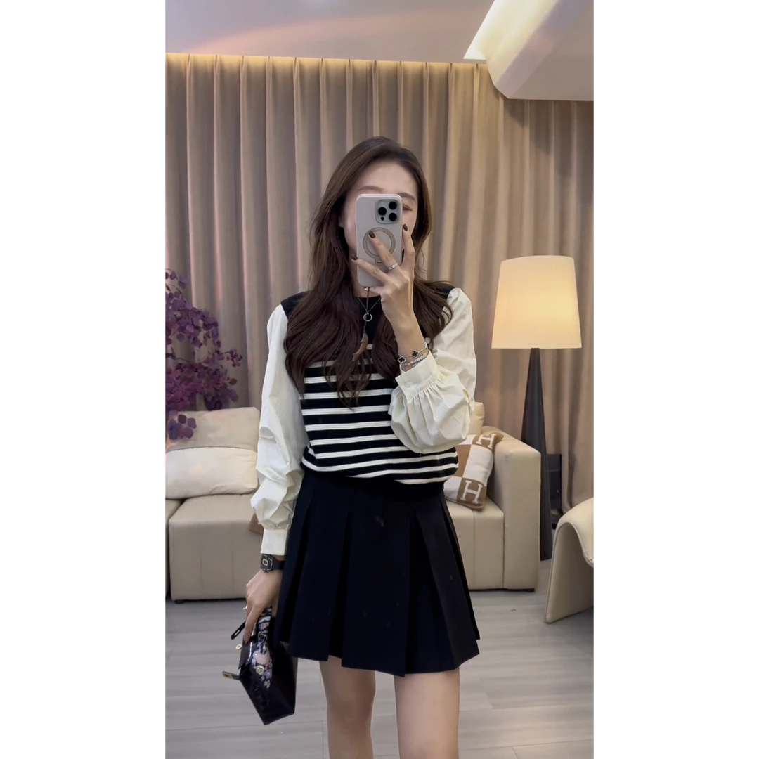 条纹假两件衬衫2025早春新款设计感显瘦长袖百褶裙两件套