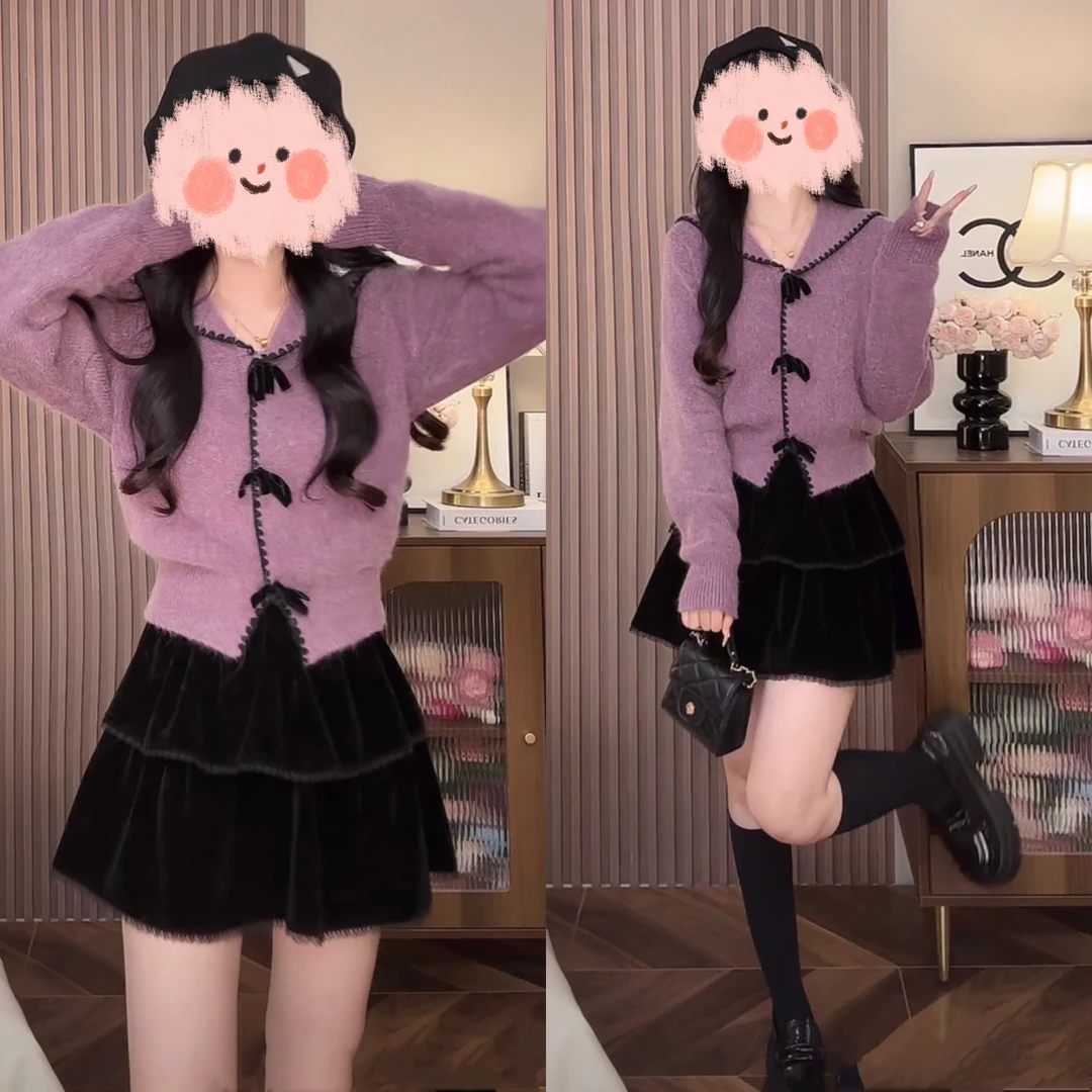 春夏温柔风时尚套装紫色毛衣针织开衫减龄外套黑色显瘦短裙两件套