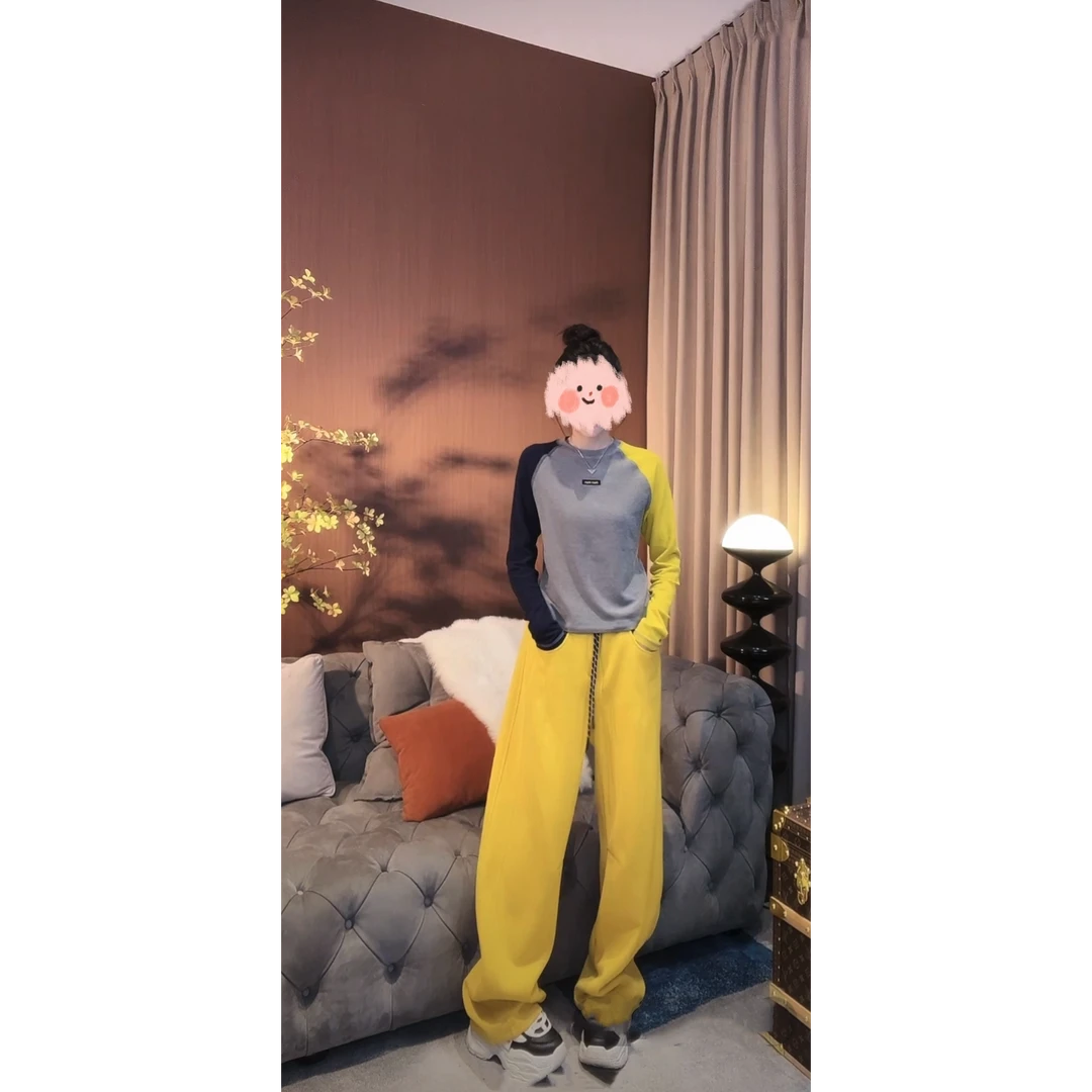 2024秋冬拼接舒适女士打底衫个性彩色潮流T恤