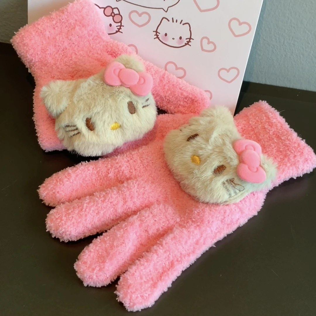 新款可爱kitty颜值手套毛绒骑行加厚保暖冬季学生可触屏分指五指