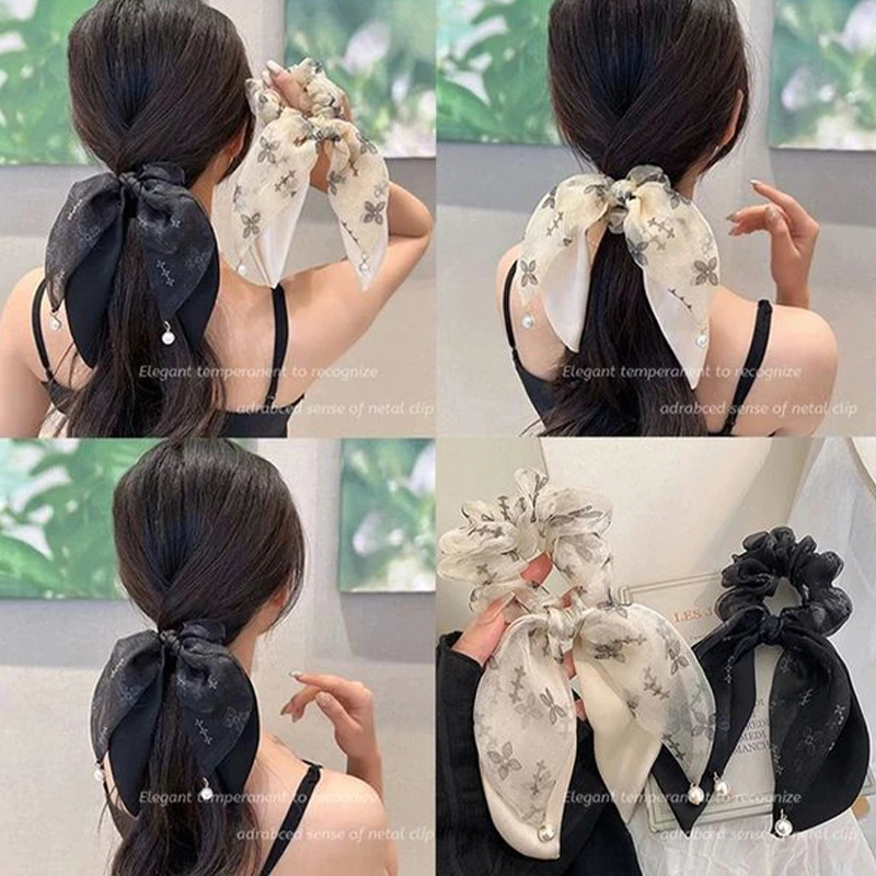 蝴蝶结飘带大肠发圈女低马尾发饰高弹仿珍珠网纱发高级感头绳头饰