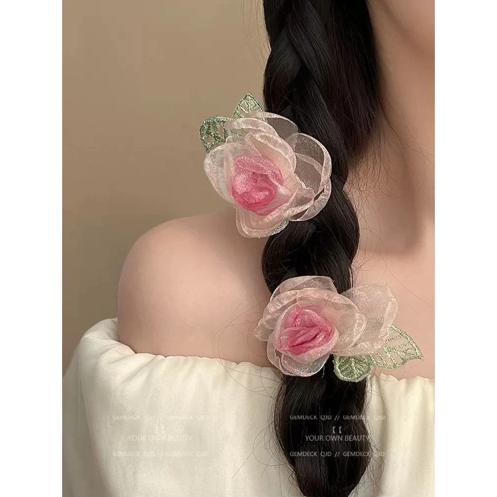 超仙森系欧根纱玫瑰花朵发夹女春季新款侧边夹高级感气质发饰头饰
