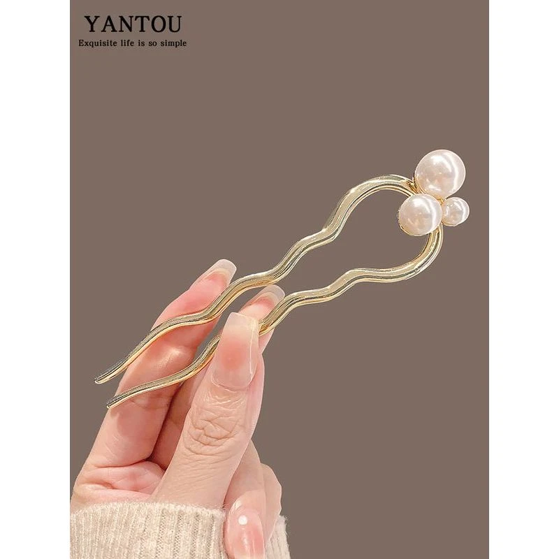 法式ins甜美波浪金色仿珍珠U型发簪韩系气质百搭发钗挽发盘发头饰