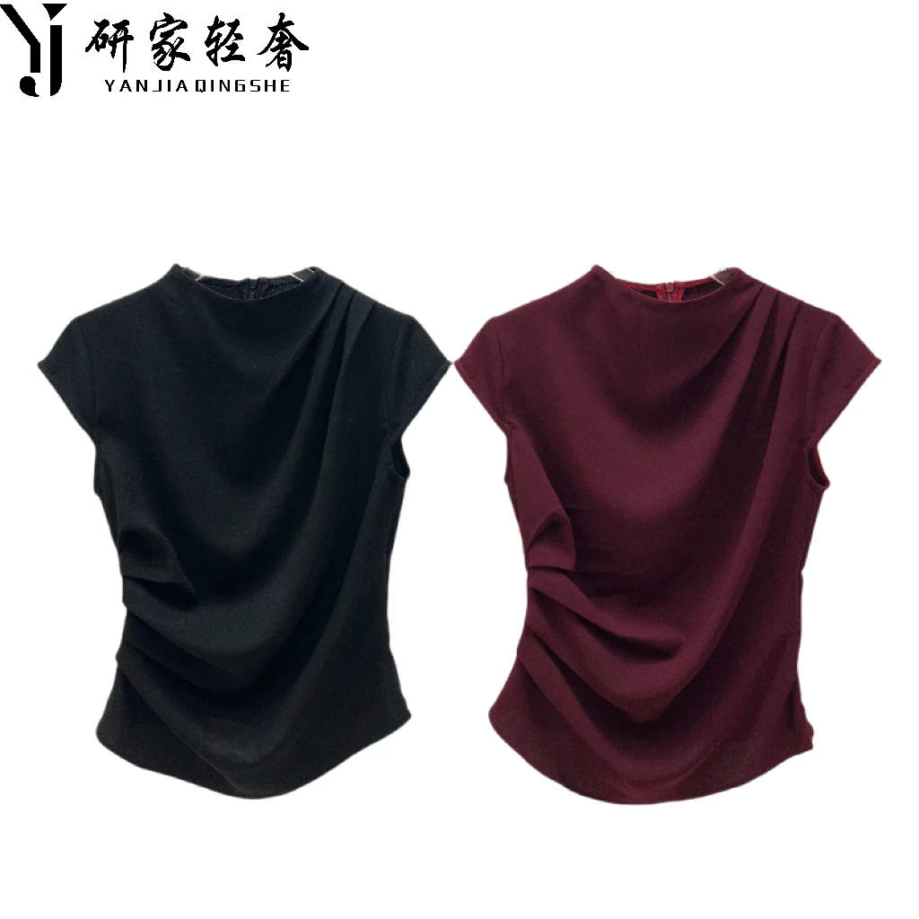 5014研家轻奢高级感气质立领压褶不规则醋酸飞袖上衣