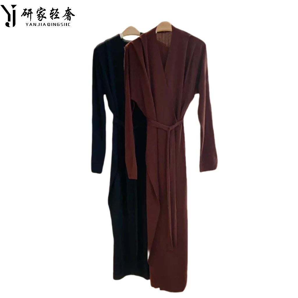 5573研家轻奢时尚洋气V领压褶羊毛绑带收腰裹身针织连衣裙