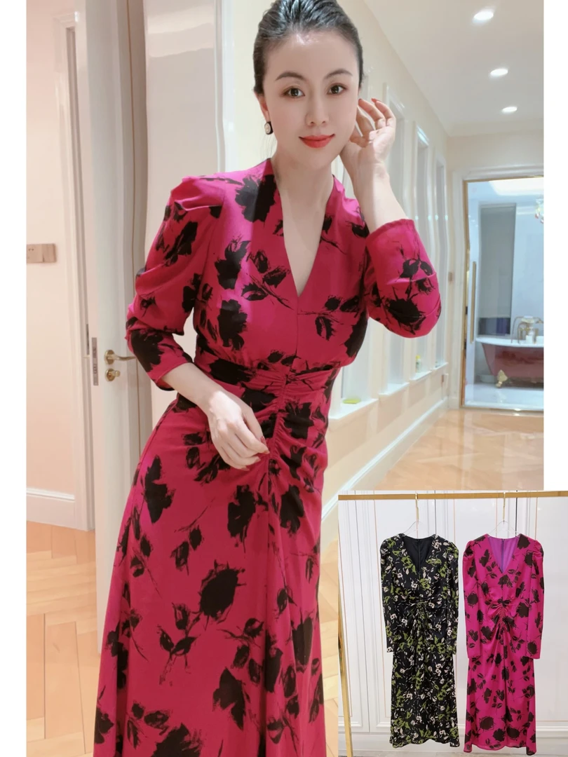 4197高级感气质V领褶皱收腰泡泡袖印花连衣裙