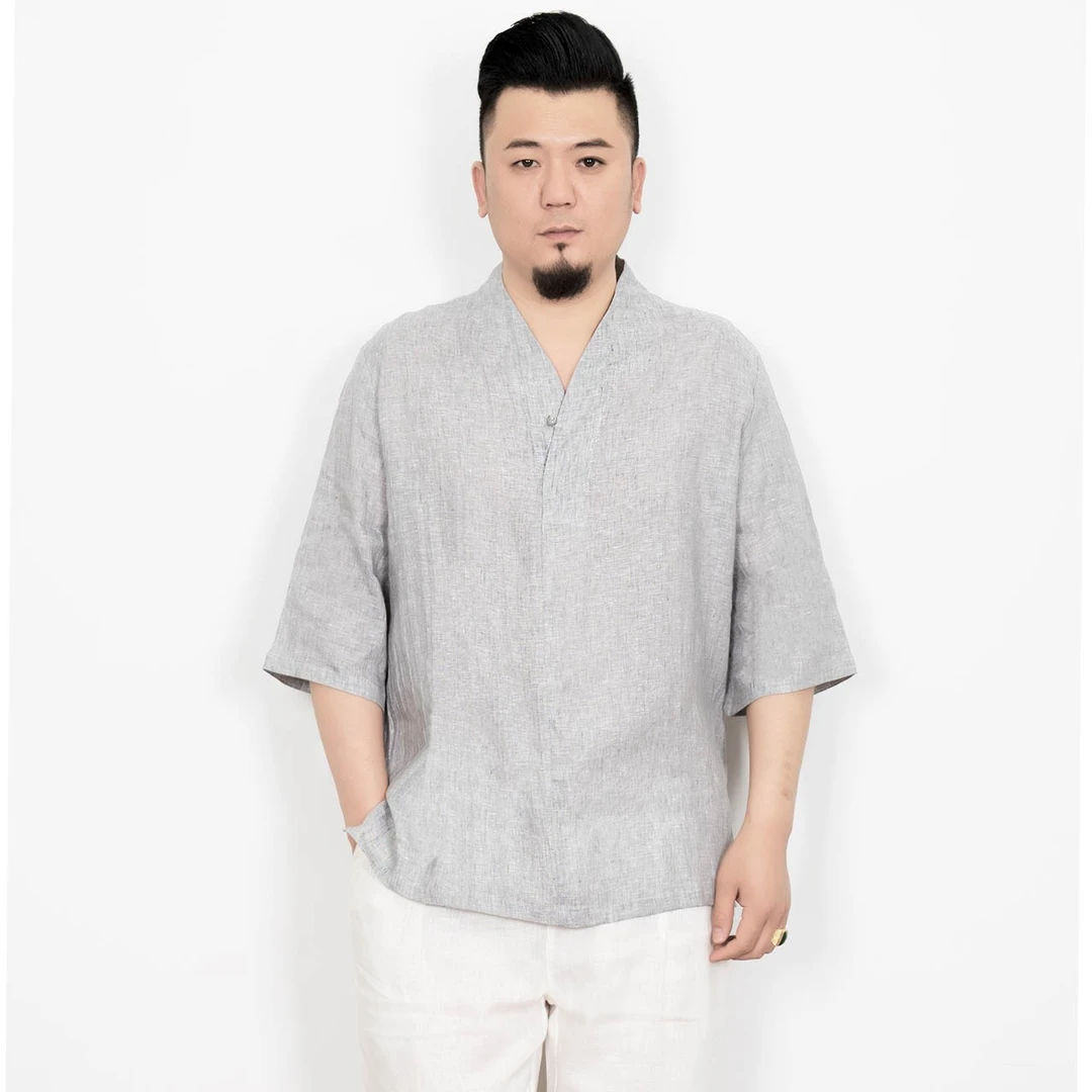 2025夏季男士纯亚麻七分袖新中式衬衫中国风休闲套头衫大码上衣