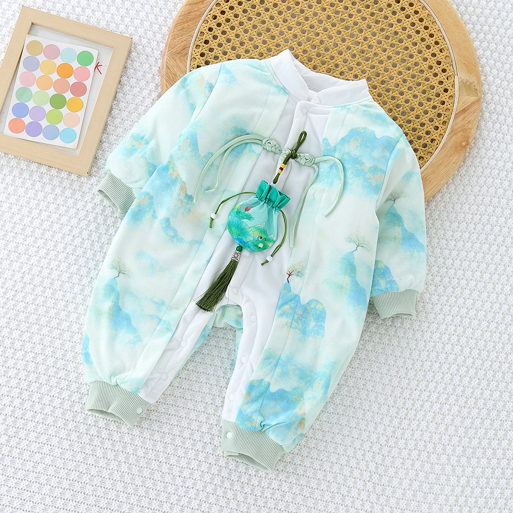 婴儿连体衣山水风拼前门薄棉哈衣新生儿爬服宝宝衣服秋冬装