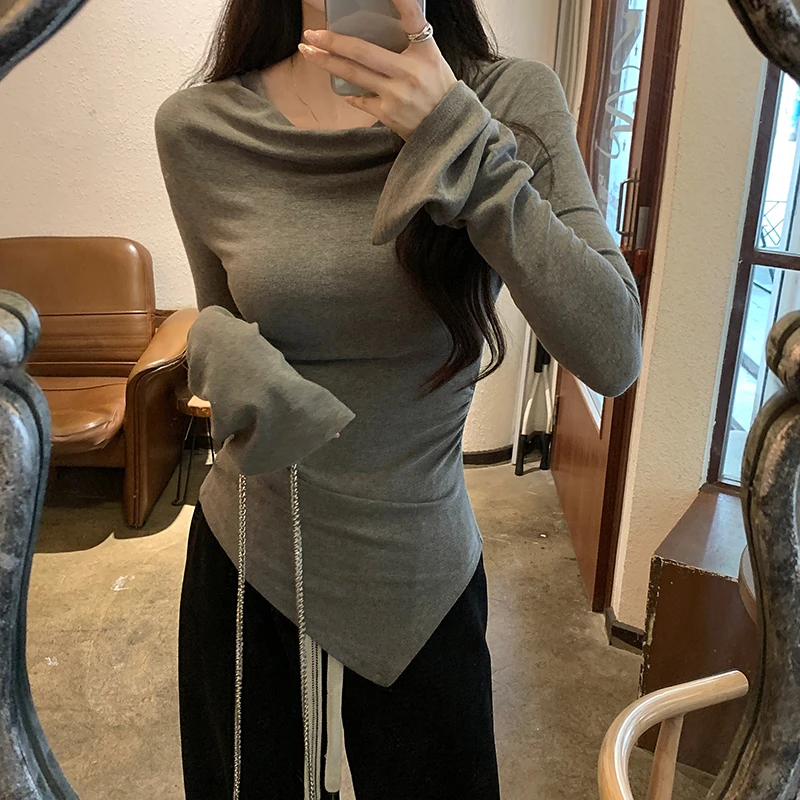 (多穿法领口)小众褶皱不规则荡领长袖T恤女秋冬打底衫ins内搭上衣
