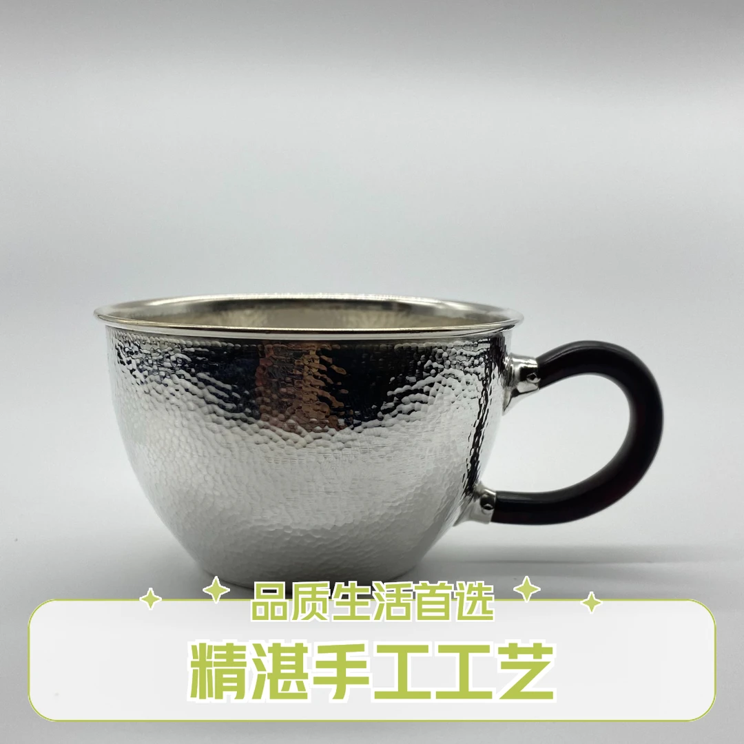 纯手工足银999咖啡杯手工锻打红檀木守彬复古主人杯家用锤纹