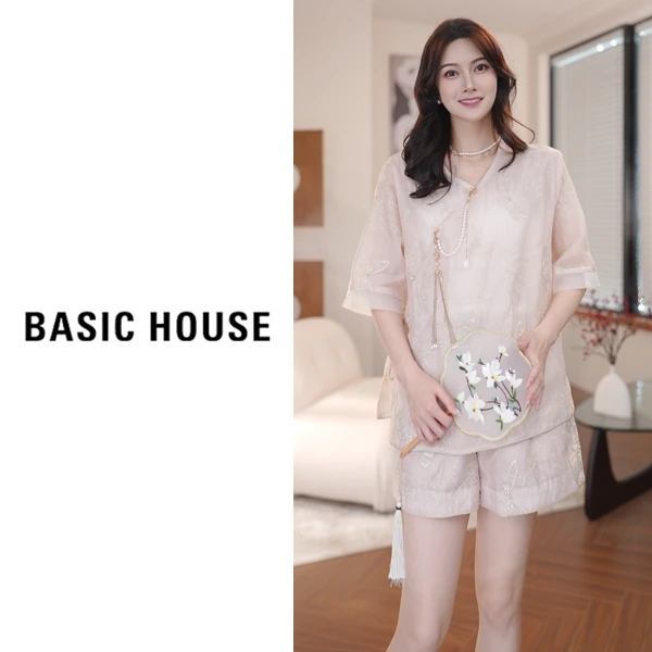 Basic House/百家好新中式夏季气质重工莫奈花园风衬衣套装252082