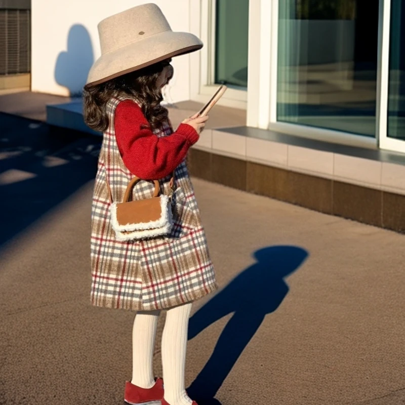 2024秋冬保暖新款女童格纹背心裙毛呢纯色针织毛衣两件套时尚穿搭