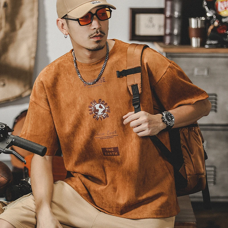范诺思美式复古T恤男短袖夏季潮牌宽松ins男装半袖麂皮绒垂感体恤