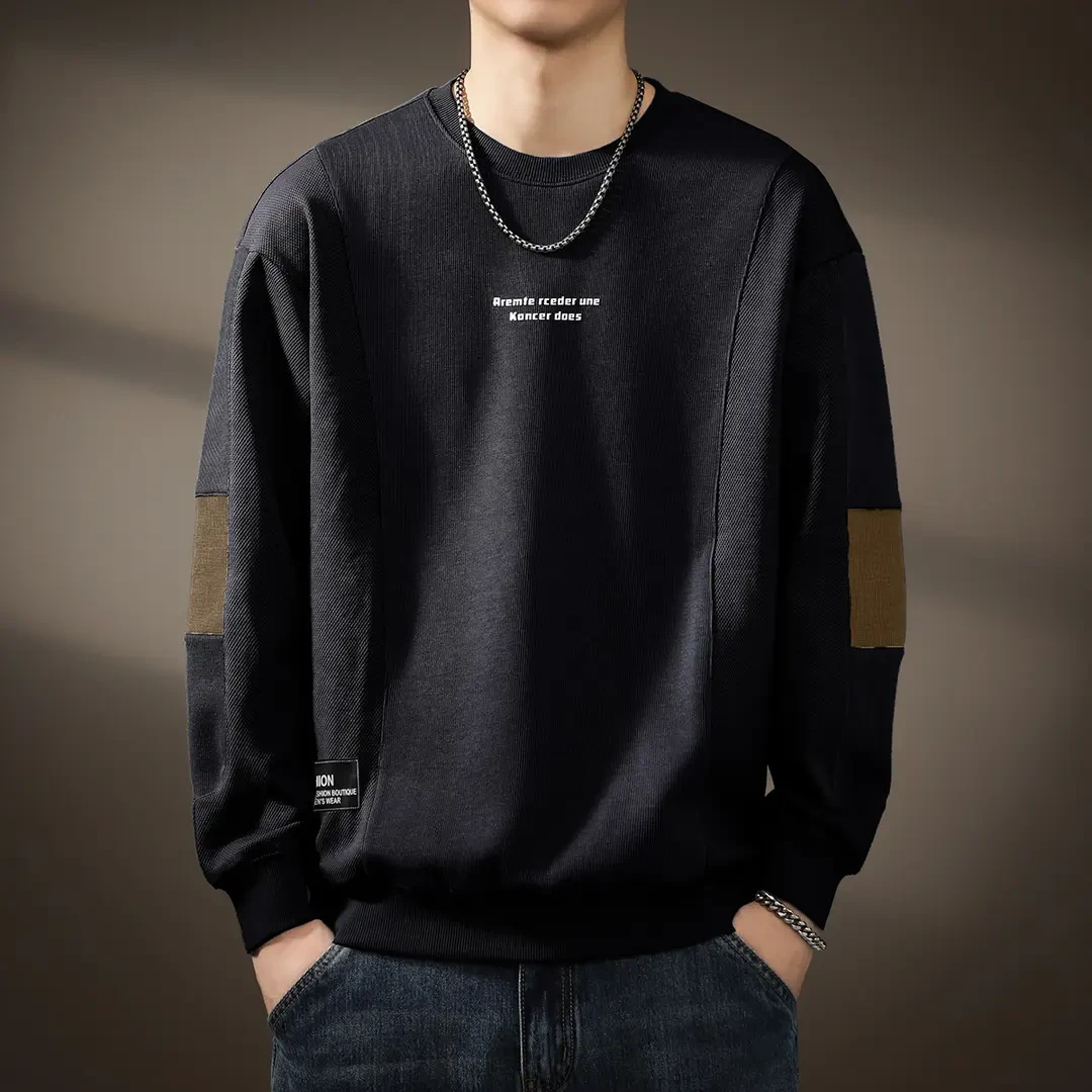 高端美式重磅拼接针织卫衣男秋季宽松大码复古圆领长袖休闲外套男