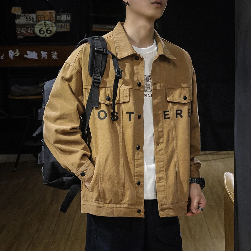 夹棉美式复古牛仔外套男宽松大码秋季新款翻领加棉加厚工装夹克潮