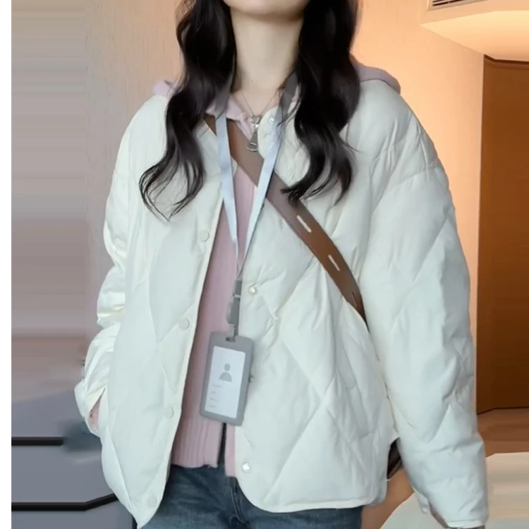 菱格棉衣女短款2025冬季新款小个子无领宽松韩版轻薄棉袄外套