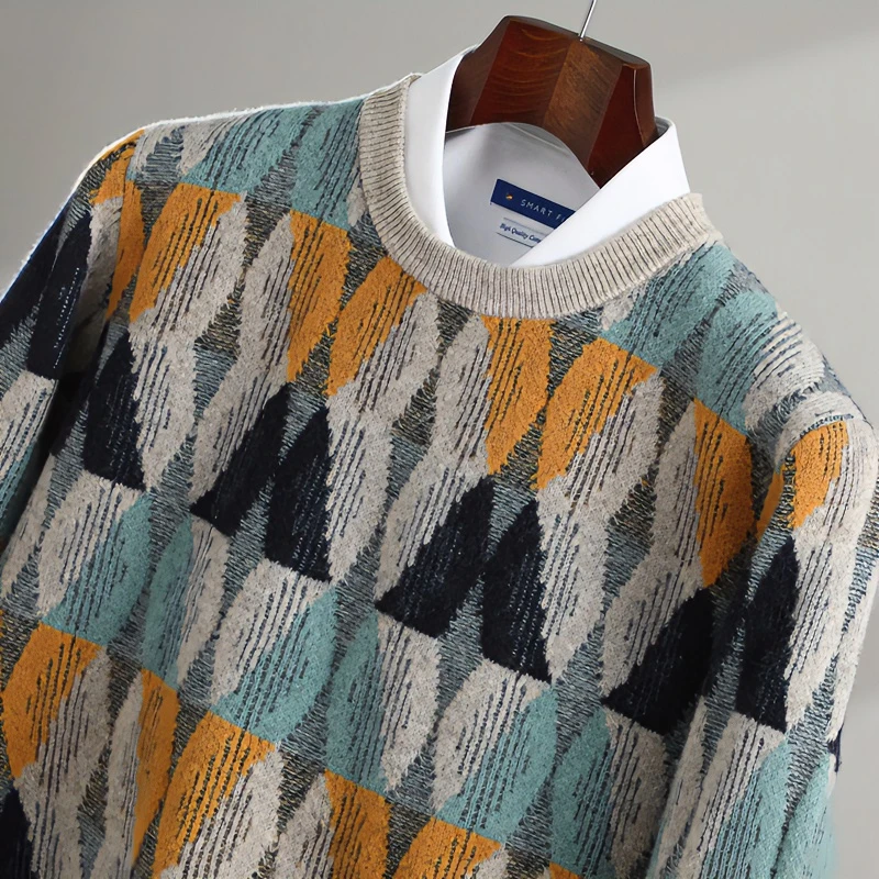 男士秋冬款拼色纯羊毛衫宽松圆领加厚套头毛衣休闲商务针织打底衫