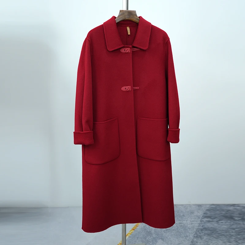 时尚双面羊毛大衣女休闲冬季韩版娃娃领中长款秋冬外套宽松气质武