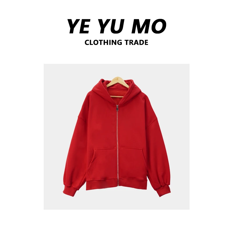 女装卫衣上衣开衫时尚休闲连帽宽松运动百搭春季红色潮流加绒秋冬