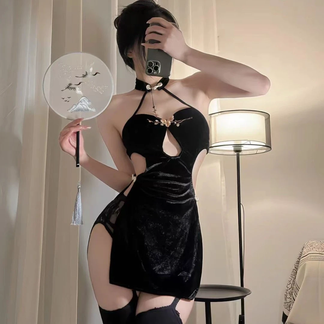 【靡情】性感金丝绒纯欲风睡裙黑色复古显瘦气质修身暗黑露背