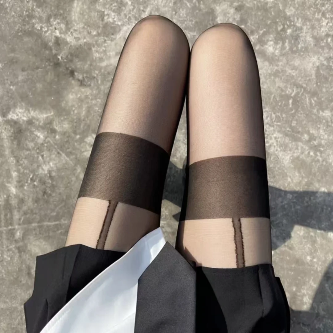 【靡情】假吊带丝袜黑丝性感撞色拼接诱惑超薄中筒袜