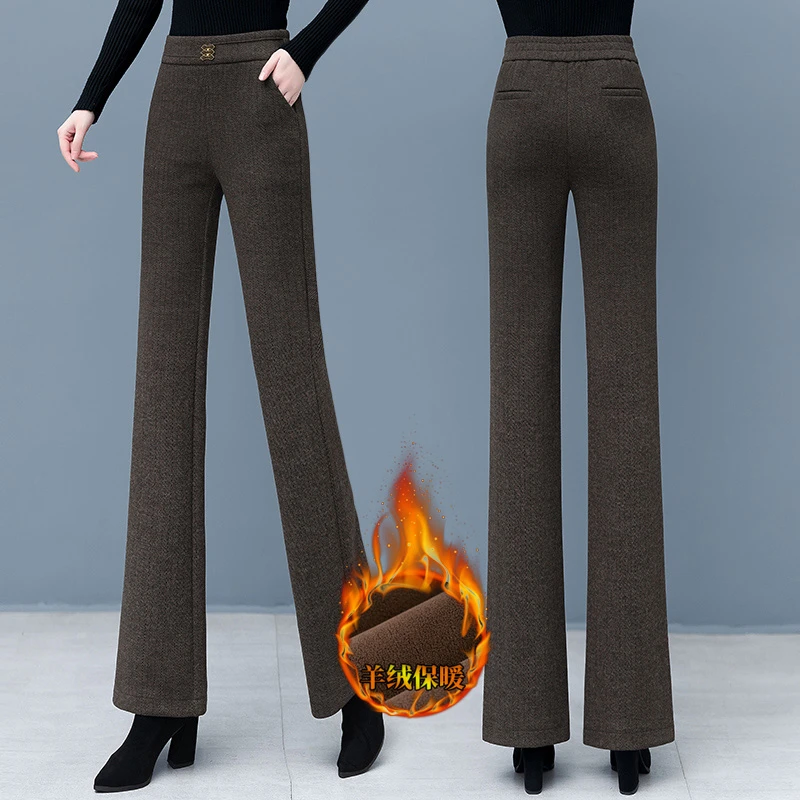 毛呢微喇裤[含绵羊毛]23秋冬新款高腰显瘦休闲百搭人字纹喇叭裤女