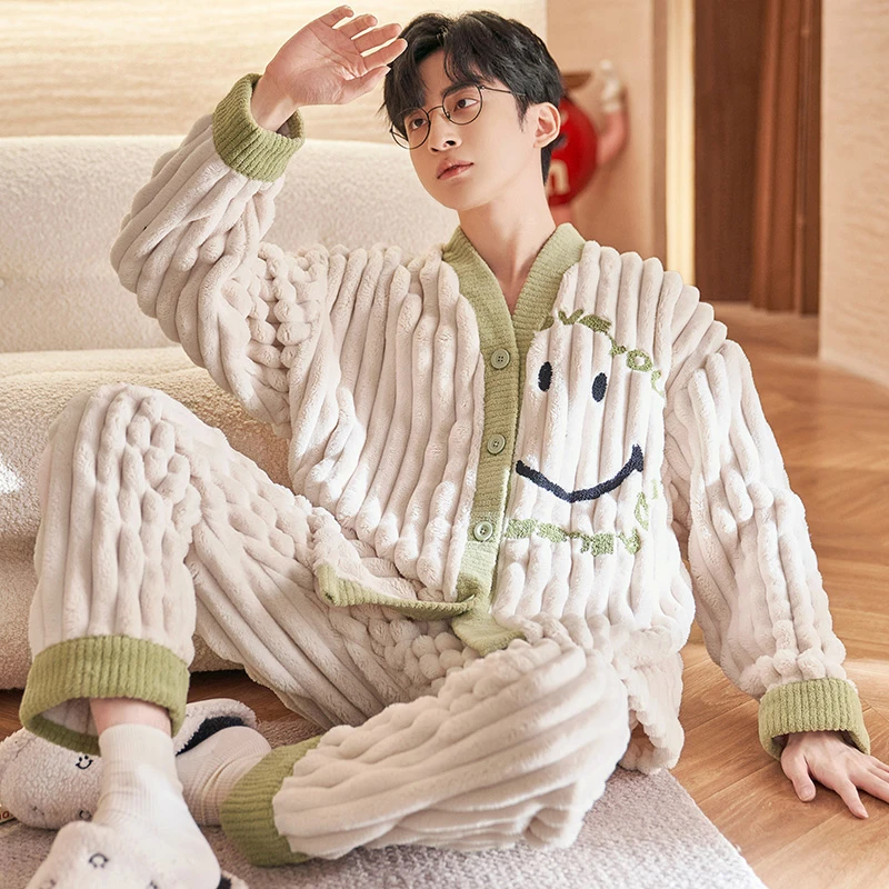 法兰绒睡衣男士秋冬季加厚保暖珊瑚绒韩版宽松家居服套装 1217