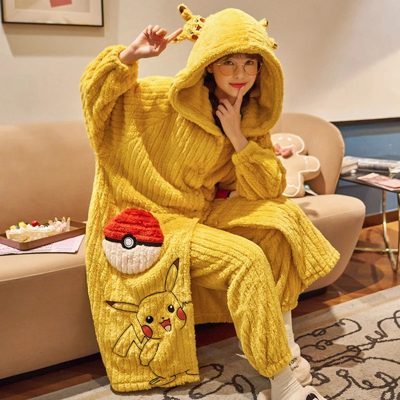 珊瑚绒睡袍女士秋冬季法兰绒睡衣女连帽加厚保暖卡通家居服 2202