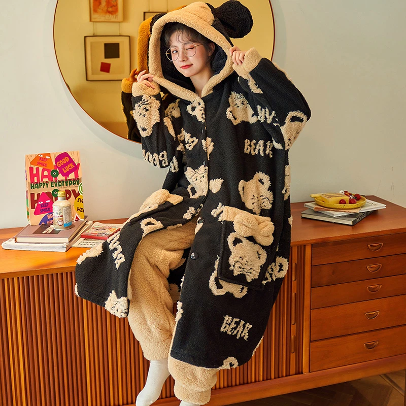 法兰绒睡袍女士秋冬季珊瑚绒睡衣女连帽加厚保暖卡通家居服 2198
