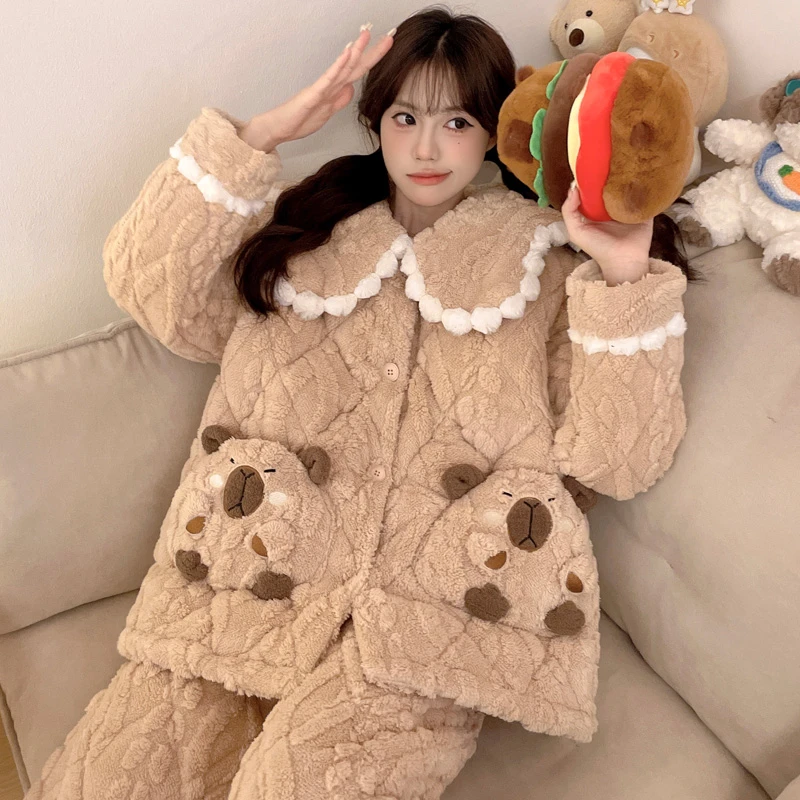 三层加厚加绒夹棉睡衣女士冬季甜美卡通珊瑚绒可外穿家居服 8989