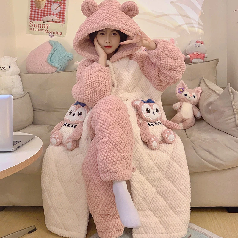 三层夹棉加厚睡袍冬季法兰绒卡通可爱珊瑚绒睡衣女士家居服 8965