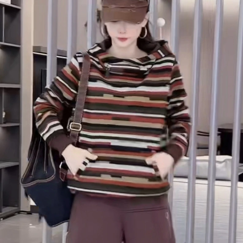 彩条加绒连帽卫衣