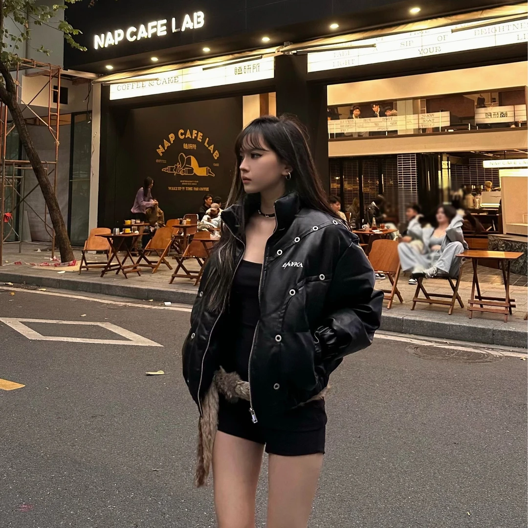 HottieDiary 小众设计拼接机车PU皮辣妹短款棉服外套保暖秋冬百搭