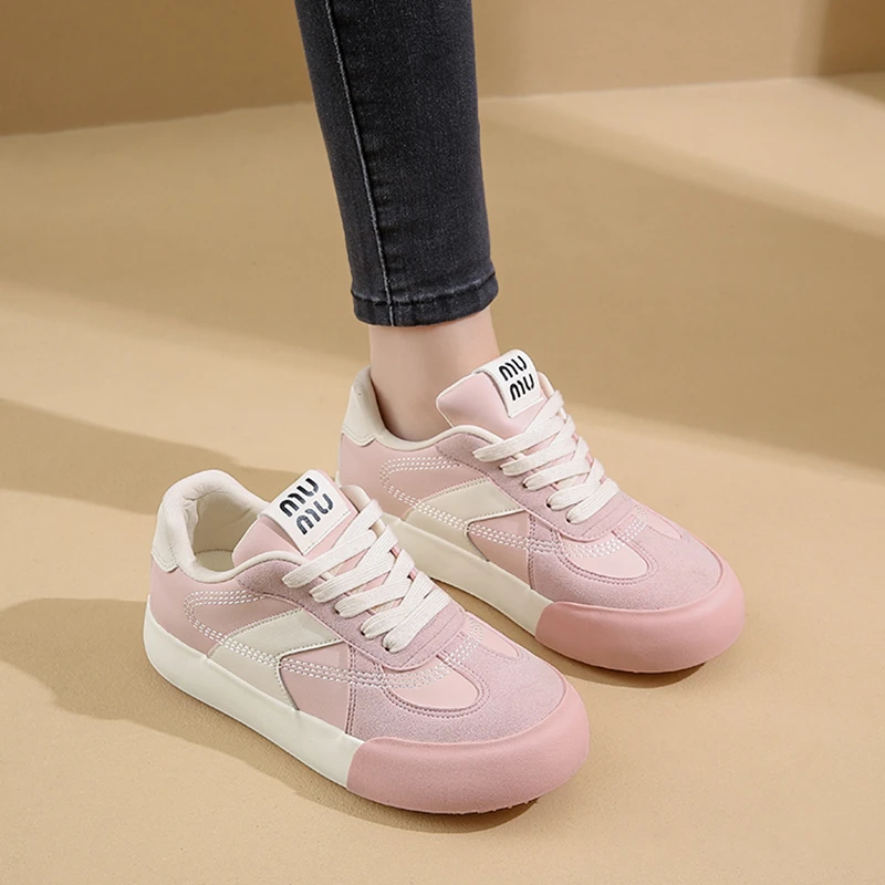 粉色厚底板鞋女德训2025秋季新款chic小众皮面低帮学生运动小白鞋