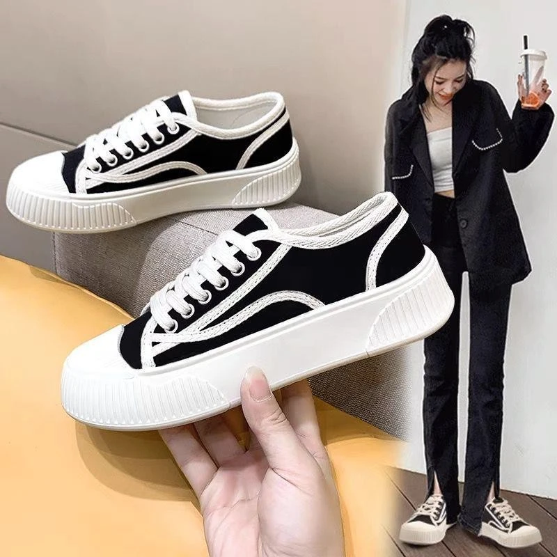 帆布鞋女2025夏季款厚底黑色低帮帆布透气时尚休闲饼干鞋百搭鞋子