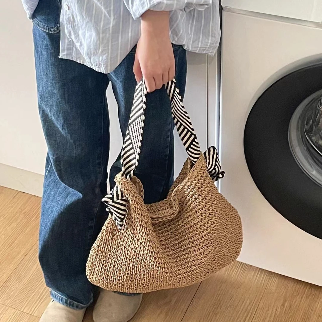 韩风ins海军风草编包2024新款手工单肩编织包女包百搭度假沙滩包