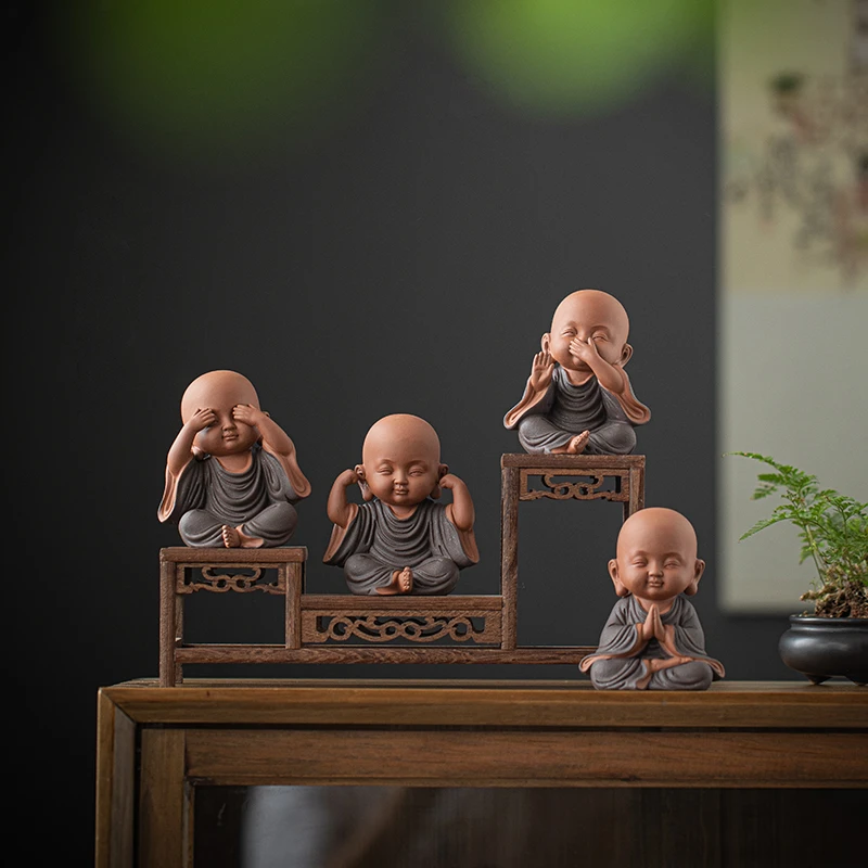 创意紫砂四不小和尚茶宠摆件可养茶玩禅意小沙弥博古架茶桌面装饰