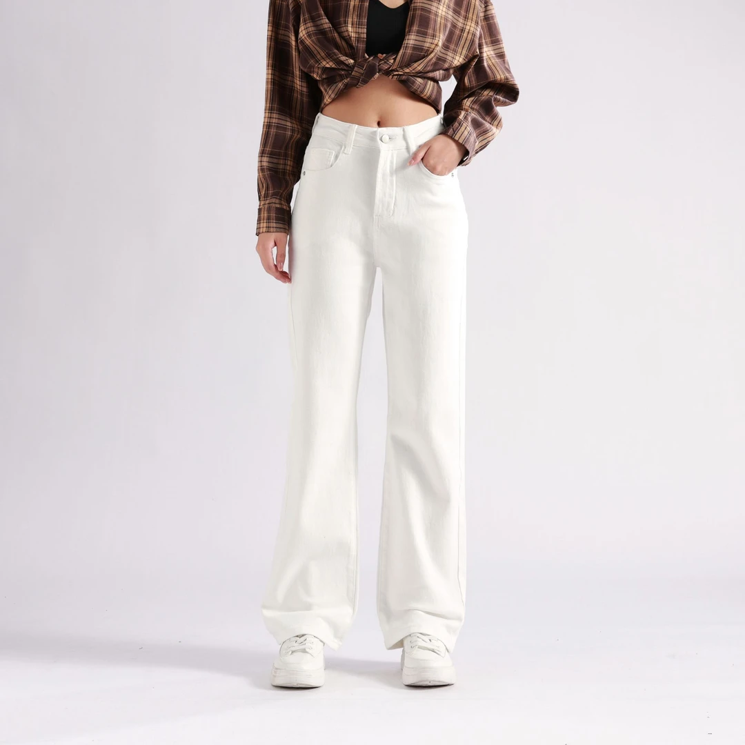 米杏白三防高腰阔腿牛仔裤显瘦百搭修身休秋季时尚女士白色宽松