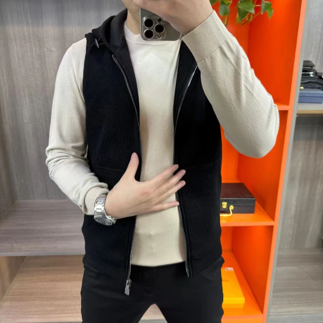 秋冬新款针织连帽拉链马甲外套黑色简约休闲舒适显瘦百搭帅气坎肩