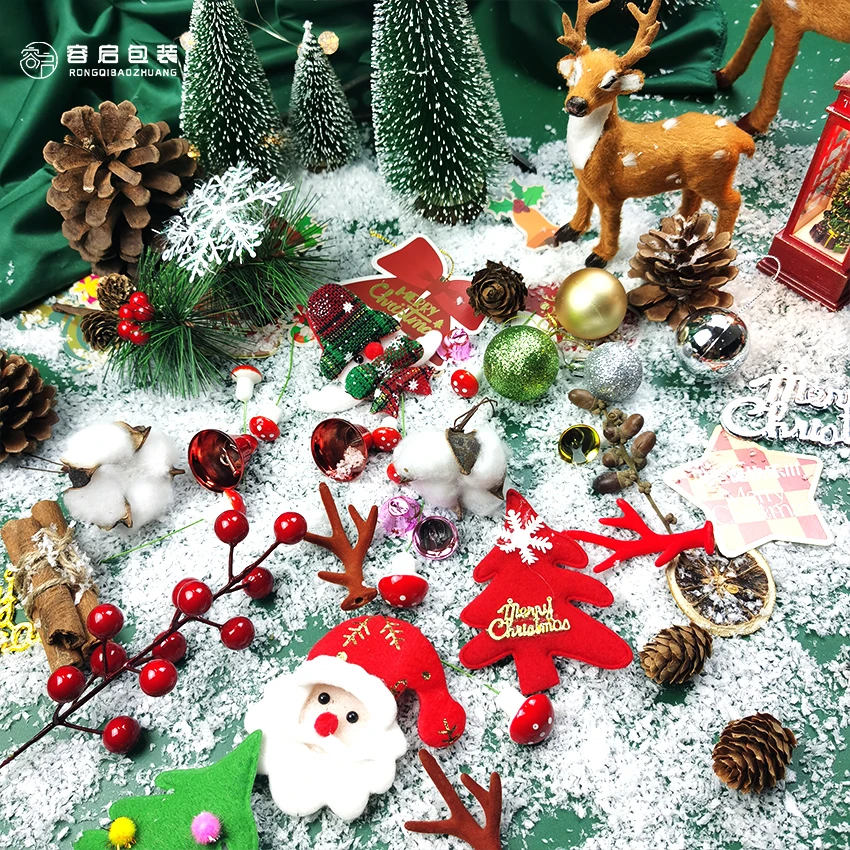 圣诞配饰 圣诞节礼盒搭配装饰品 松果棉花小铃铛彩球雪花松枝贺卡