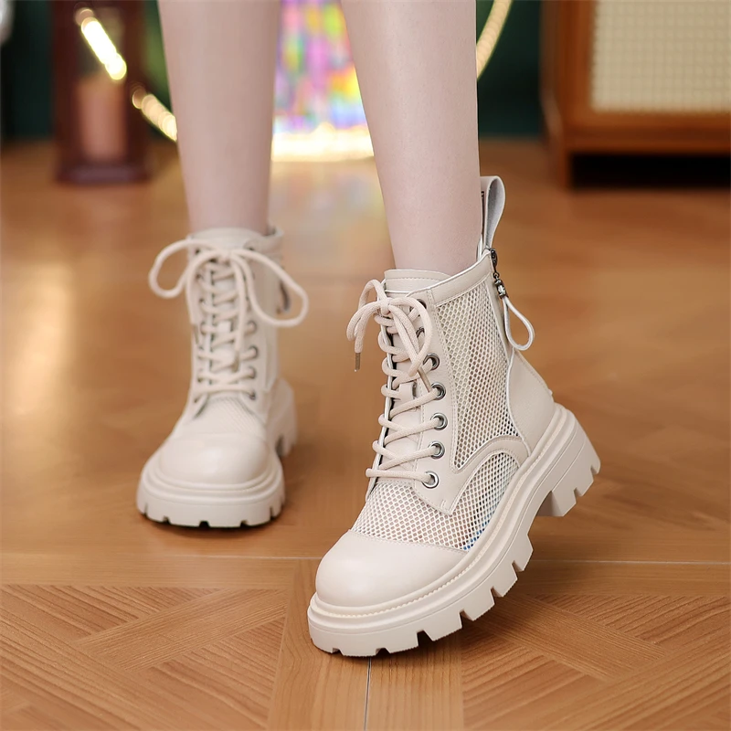 英伦风网纱马丁靴女2024春夏新款镂空轻便后拉链薄款时尚百搭凉靴