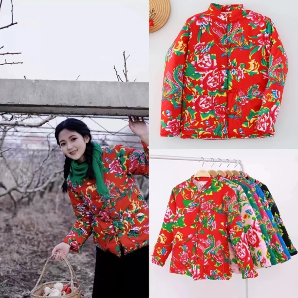 大码东北大花布棉袄加厚保暖盘扣修身棉衣外套民族风冬季时尚棉袄